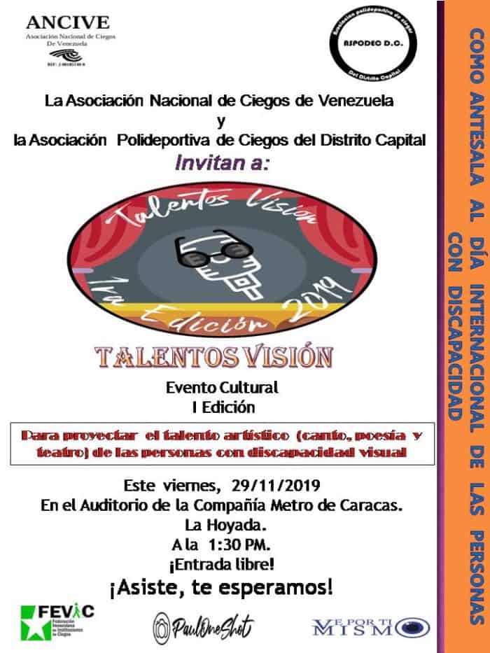 Invitación a Talentos Visión. Contiene el logo del evento, los logos de los organizadores y colaboradores, y texto con información de la actividad.