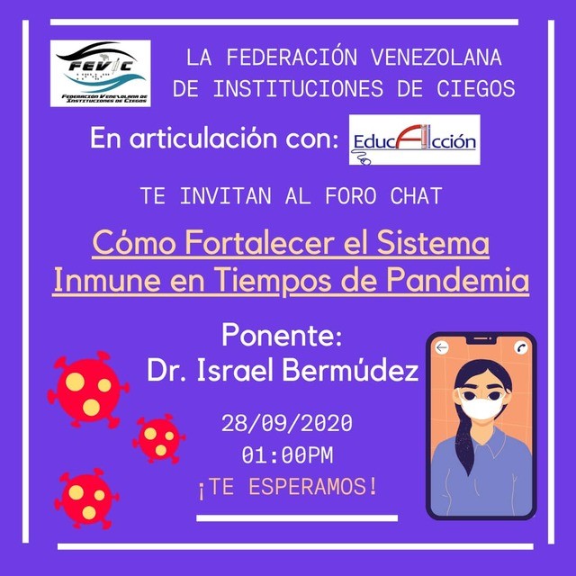 Afiche invitando al foro Cómo Fortalecer el Sistema Inmune en Tiempos de Pandemia. 