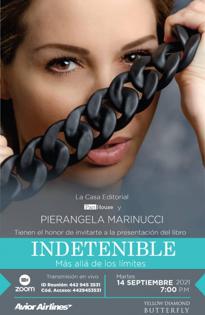 Afiche promocional del bautizo del libro Indetenible, de Pierangela Marinucci. 